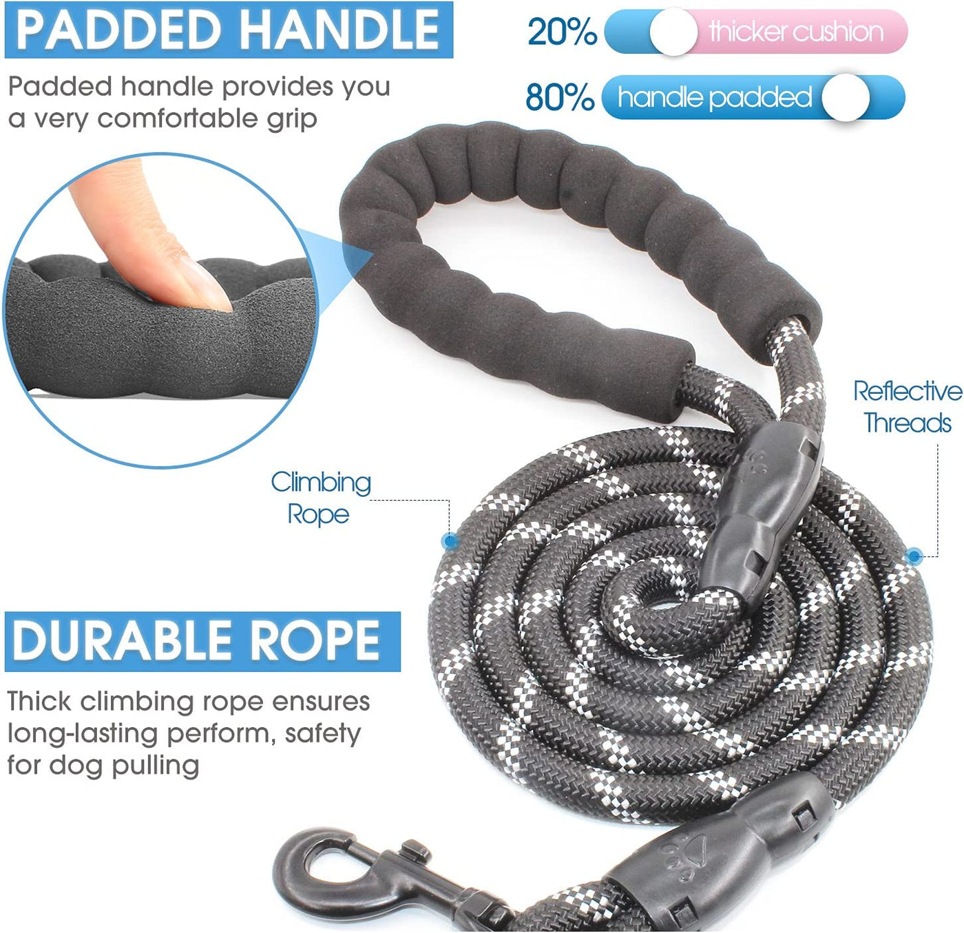 High Quality Dog Leash with Comfortable Padded Handle and Highly Reflective Threads